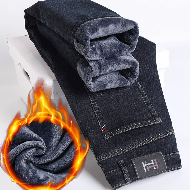 Fleece Padded Jeans Men's Straight Slim Elastic Thickening Fleece Padded Jeans Men's Straight Slim Elastic Thickening
