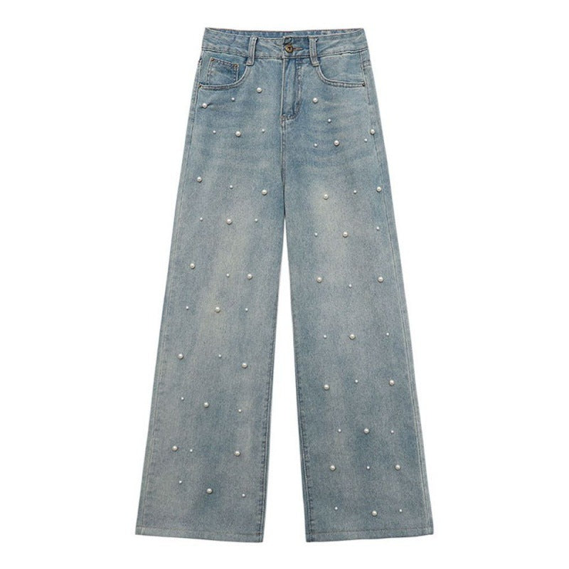 Pearl Straight Jeans High Waist Slim-fit Wide-leg Pants Women Pearl Straight Jeans High Waist Slim-fit Wide-leg Pants Women