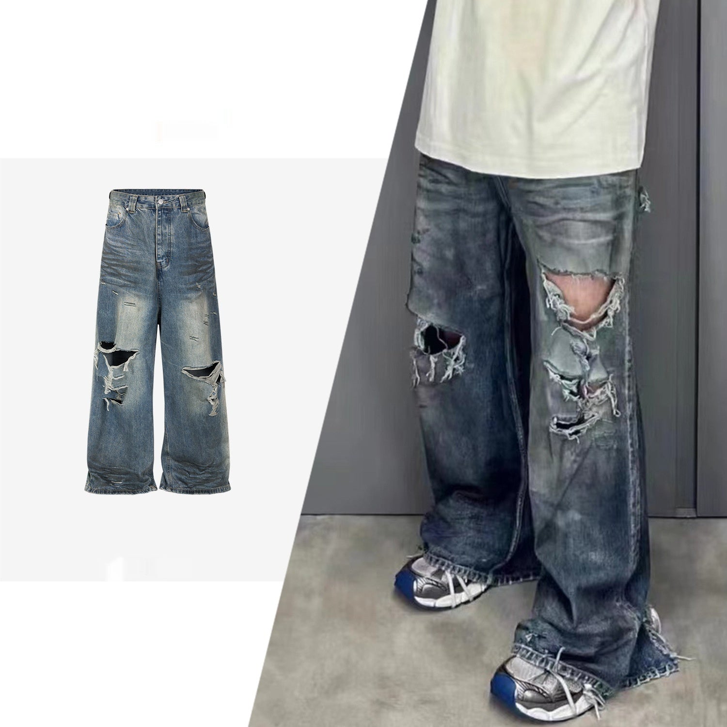 Ripped Big Ripped Men's Retro Washed Distressed Crease Texture Jeans Ripped Big Ripped Men's Retro Washed Distressed Crease Texture Jeans