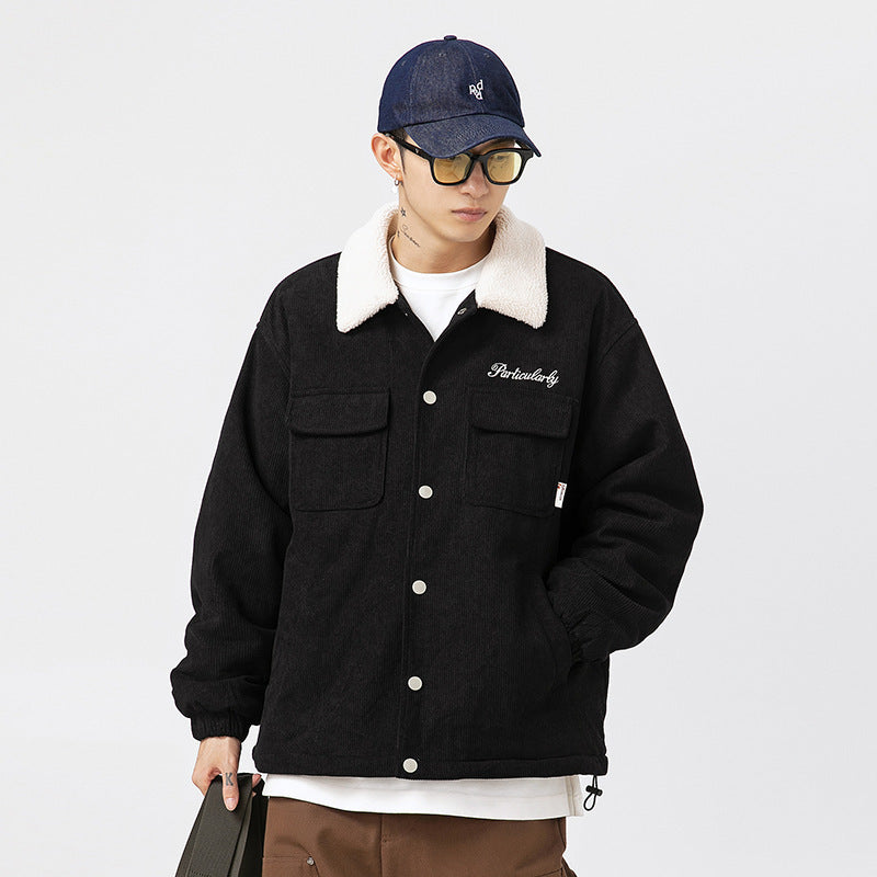 Embroidered Loose Thick Lambswool Lapel Cotton Coat Jacket Embroidered Loose Thick Lambswool Lapel Cotton Coat Jacket