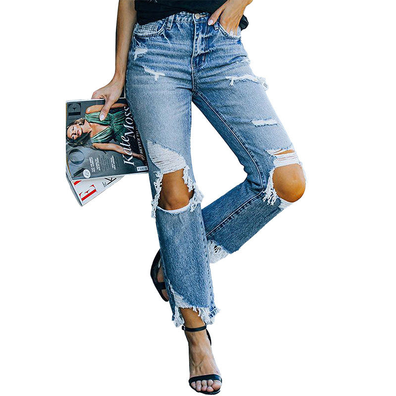 Autumn Ripped Jeans For Women European And American Personalized Knee-exposed Tight High Waist Trousers For Women Autumn Ripped Jeans For Women European And American Personalized Knee-exposed Tight High Waist Trousers For Women
