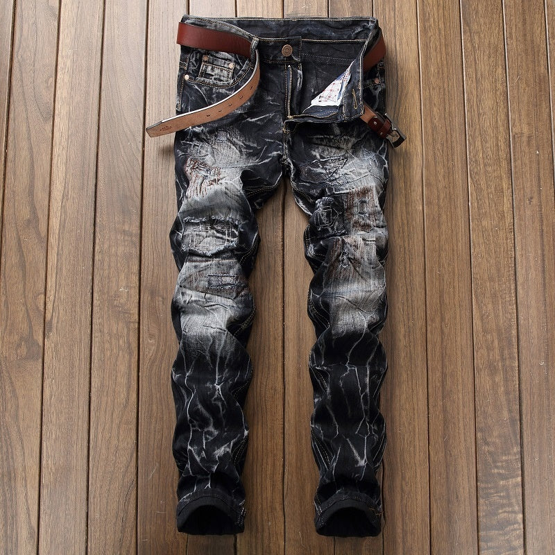 Distressed Slim Fit Straight-leg Denim Men's Broken Holes Pants Distressed Slim Fit Straight-leg Denim Men's Broken Holes Pants