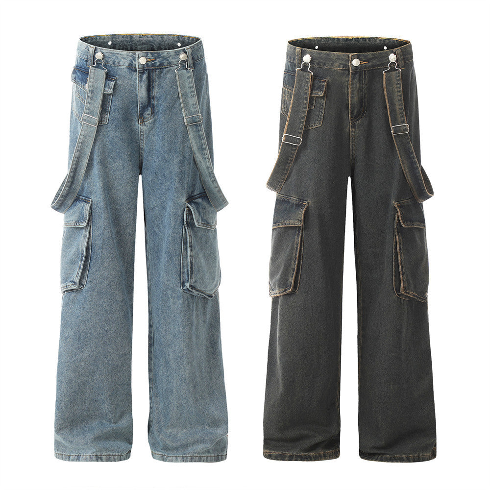 Ribbon Design Multi-pocket Workwear Denim Trousers Men Ribbon Design Multi-pocket Workwear Denim Trousers Men