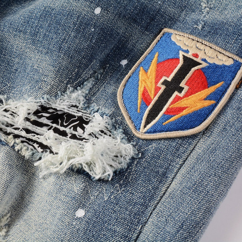 Medal Printed Badge Ripped Jeans Men Medal Printed Badge Ripped Jeans Men