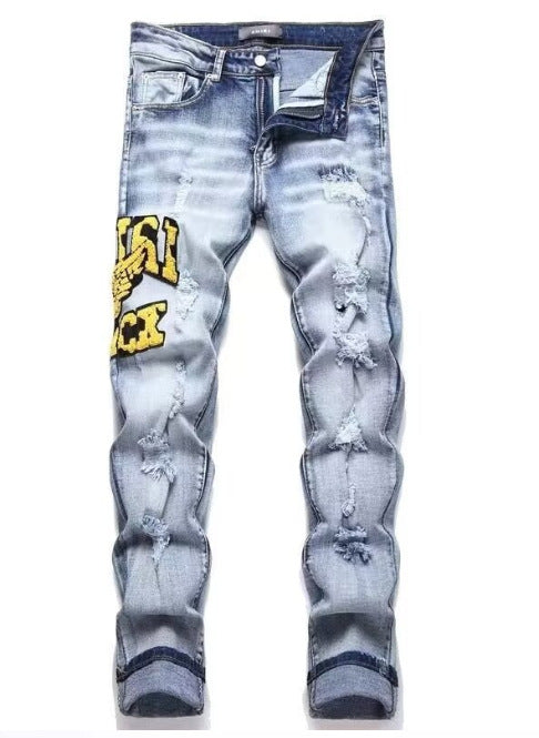 Punk Retro Blue Ripped Slim Elastic Printing Printing And Dyeing Feet Men's Jeans Punk Retro Blue Ripped Slim Elastic Printing Printing And Dyeing Feet Men's Jeans