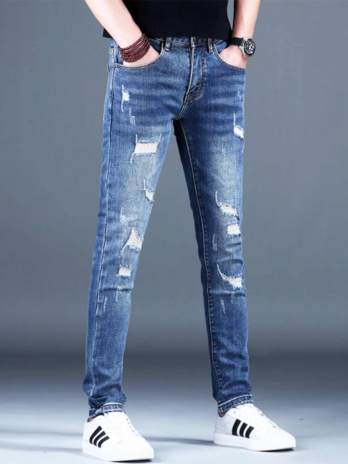 Ripped Fleece Padded Jeans Men's Stretch Casual Slim-fit Pants Ripped Fleece Padded Jeans Men's Stretch Casual Slim-fit Pants