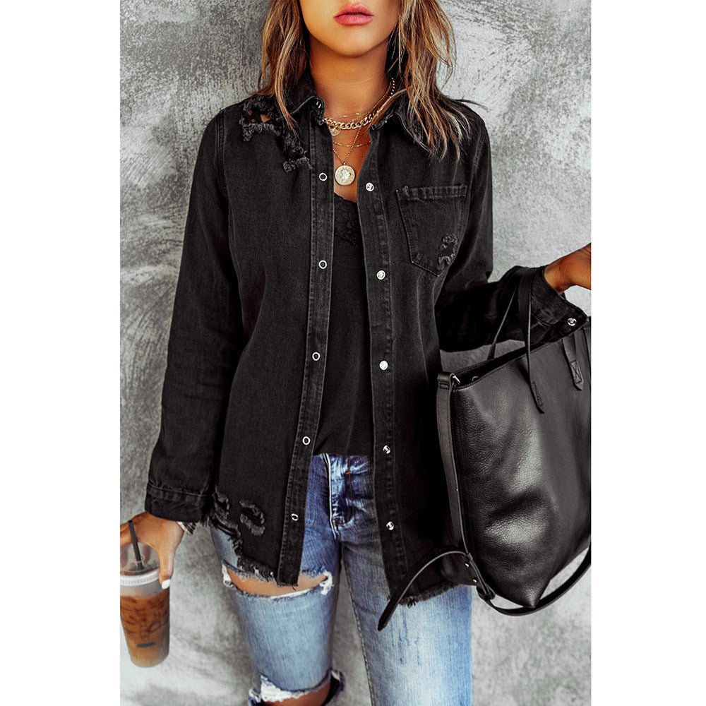 Black Ripped Shirt Denim Long Sleeve Coat Jacket Women Black Ripped Shirt Denim Long Sleeve Coat Jacket Women