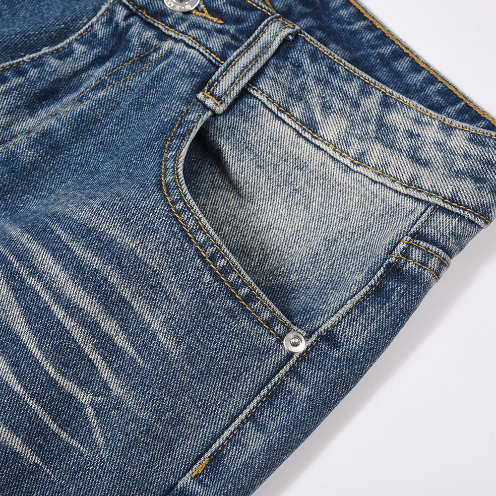 Washed White Pleated Straight Jeans For Men Washed White Pleated Straight Jeans For Men
