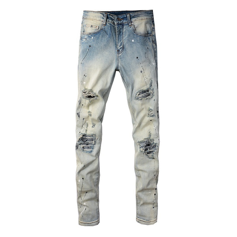 Light Colored Paint Splashing Ink Making Old Washed Jeans For Men Light Colored Paint Splashing Ink Making Old Washed Jeans For Men