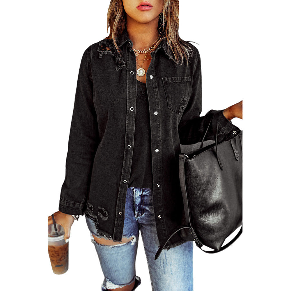 Black Ripped Shirt Denim Long Sleeve Coat Jacket Women Black Ripped Shirt Denim Long Sleeve Coat Jacket Women
