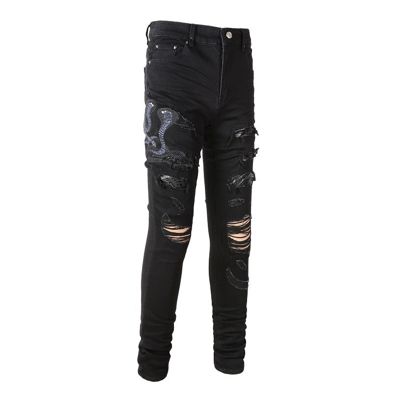 Broken Three Headed Snake Embroidery Patchwork Jeans For Men Broken Three Headed Snake Embroidery Patchwork Jeans For Men