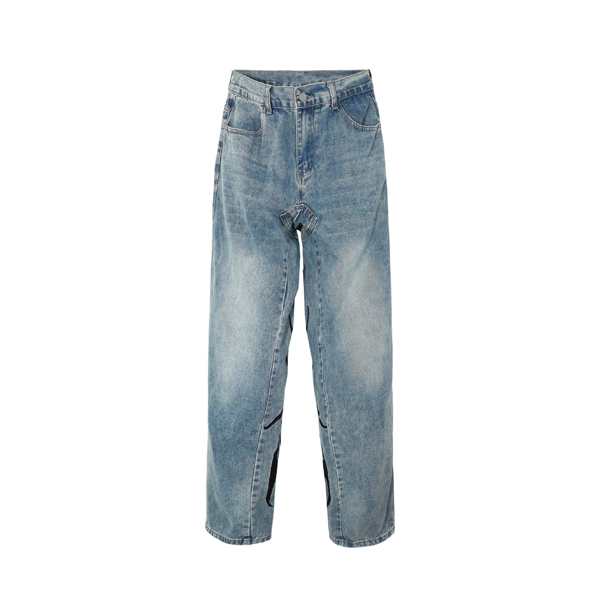 High Street American Patch Flame Letter Embroidered Jeans Men High Street American Patch Flame Letter Embroidered Jeans Men