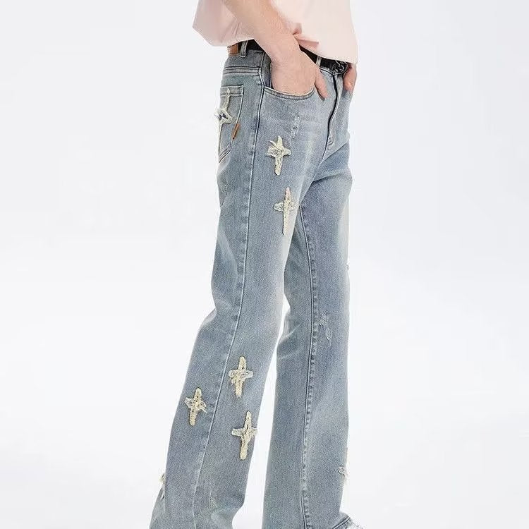 Patch Cross Star Washed American High Street Jeans Men's Loose Straight Embroidered Pants Men Patch Cross Star Washed American High Street Jeans Men's Loose Straight Embroidered Pants Men