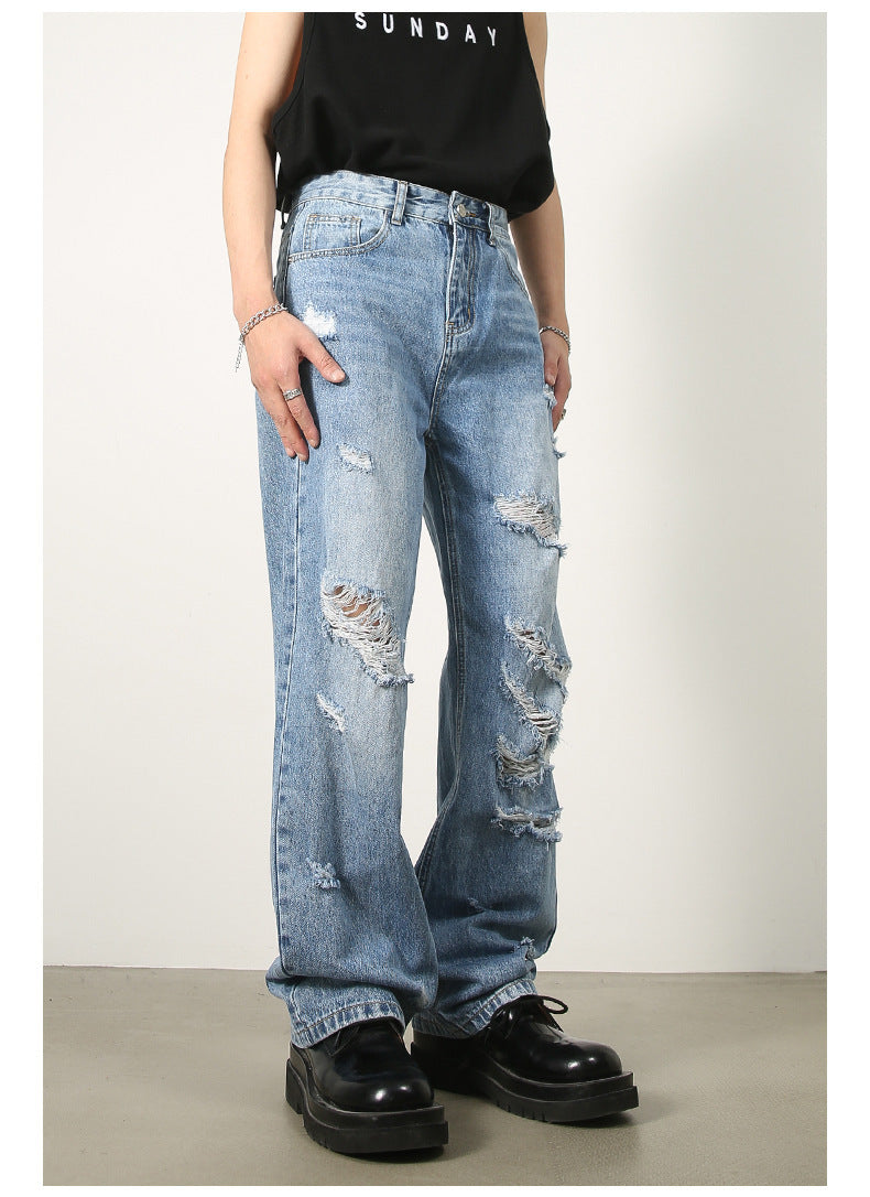 Washed Blue With Holes Straight Jeans For Men Washed Blue With Holes Straight Jeans For Men