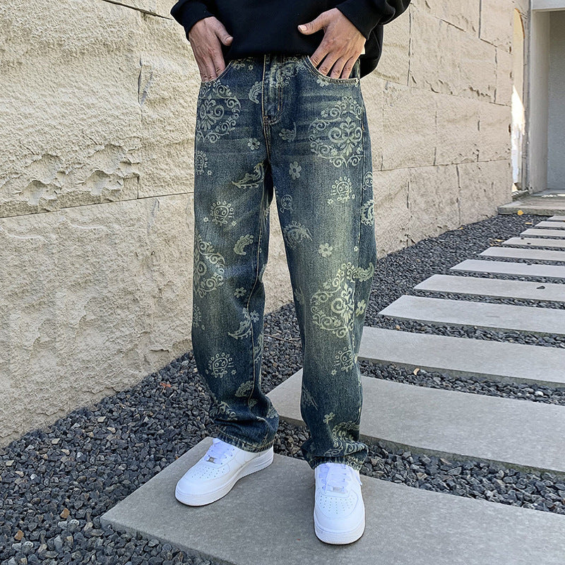 Vintage Jeans Men's Fashion Printed Loose Casual Straight Trousers Vintage Jeans Men's Fashion Printed Loose Casual Straight Trousers