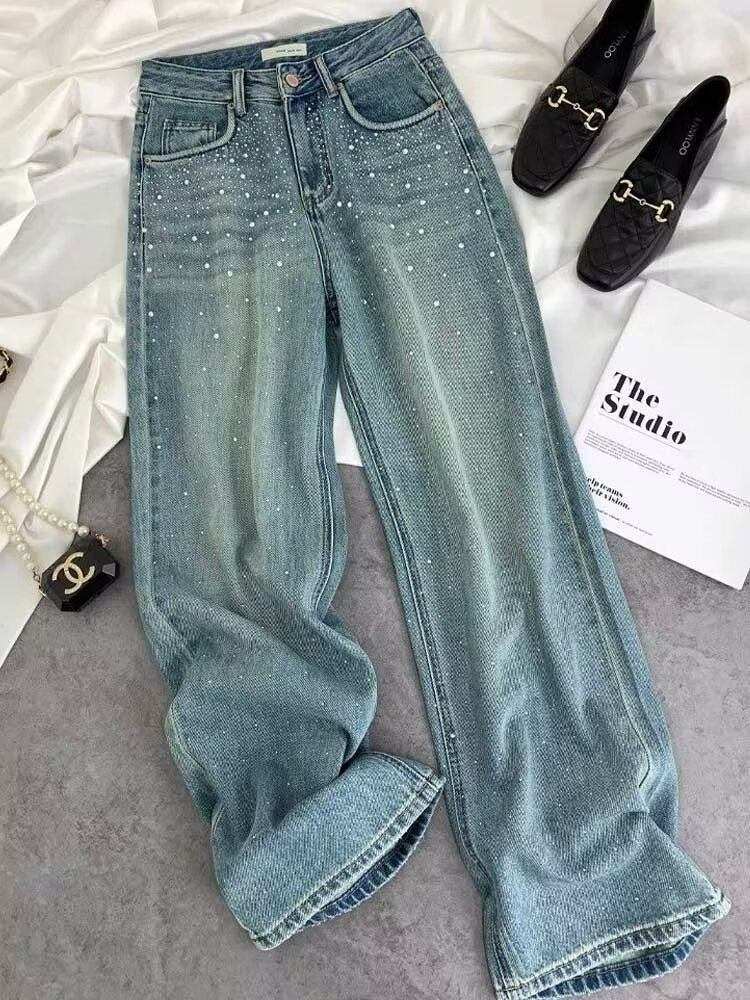Starry Diamond In The Debris Rhinestone Straight Jeans For Women Starry Diamond In The Debris Rhinestone Straight Jeans For Women