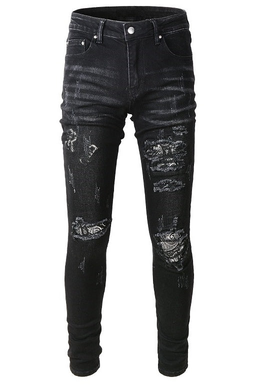 Black Cashew Flower Printed Patch Torn Jeans For Men Black Cashew Flower Printed Patch Torn Jeans For Men