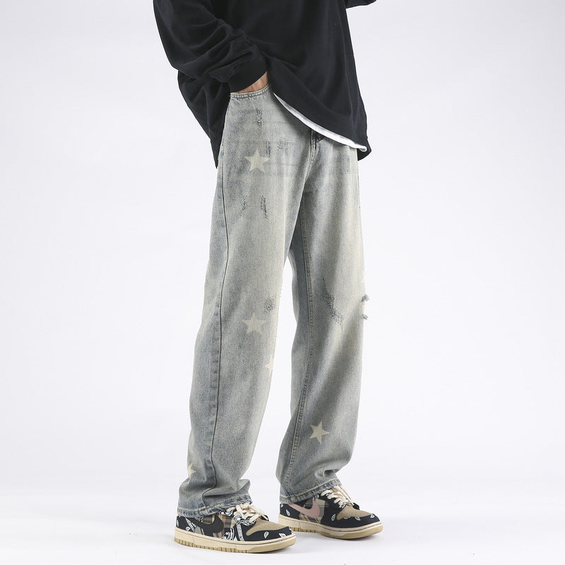XINGX Printed Yellow Mud Dyed Ripped Jeans For Men XINGX Printed Yellow Mud Dyed Ripped Jeans For Men
