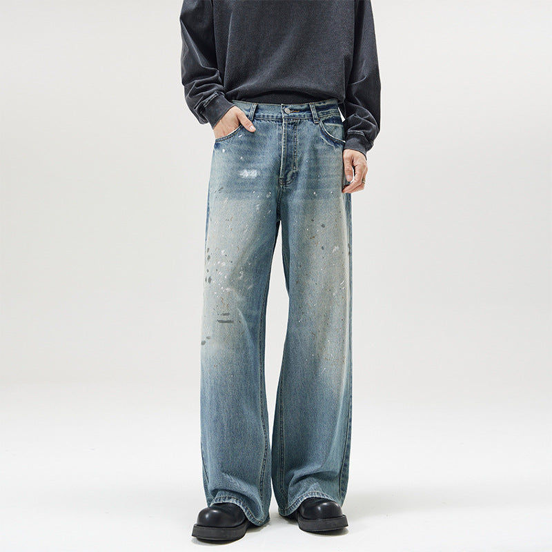American-style Splash-ink Washed Loose Jeans American-style Splash-ink Washed Loose Jeans