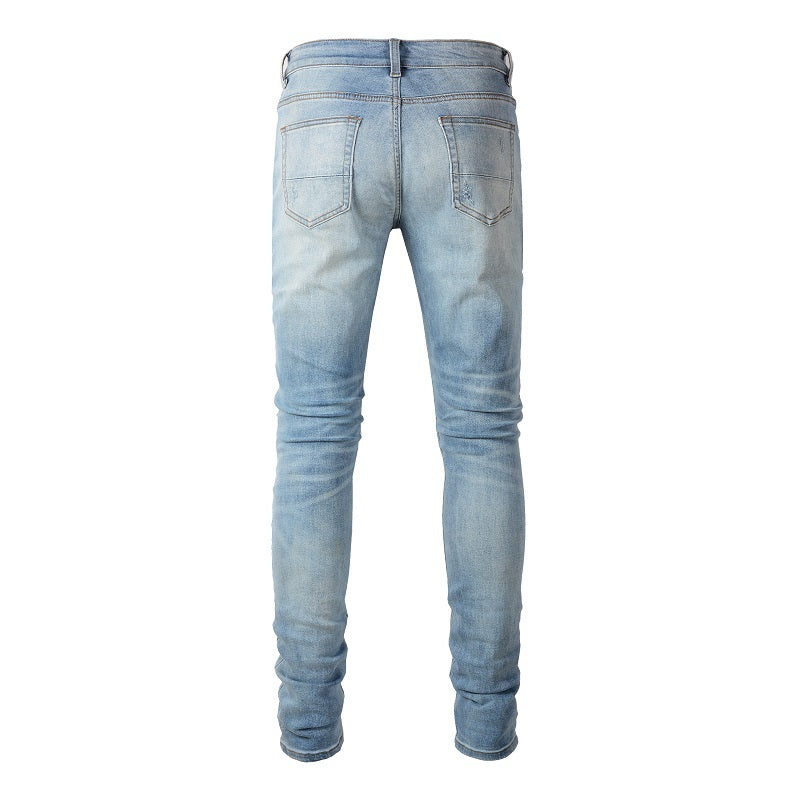Cashew Flower Printed Patch Slim Fitting Light Colored Jeans For Men Cashew Flower Printed Patch Slim Fitting Light Colored Jeans For Men