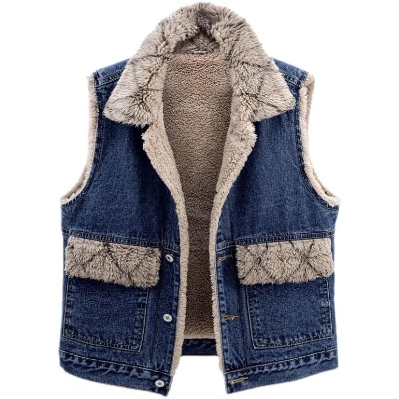 Lamb Wool Denim Cotton-padded Waistcoat Women Lamb Wool Denim Cotton-padded Waistcoat Women