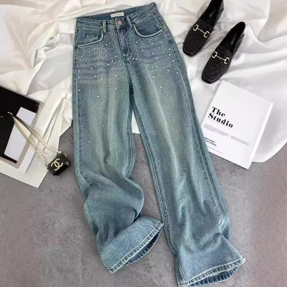 Starry Diamond In The Debris Rhinestone Straight Jeans For Women Starry Diamond In The Debris Rhinestone Straight Jeans For Women