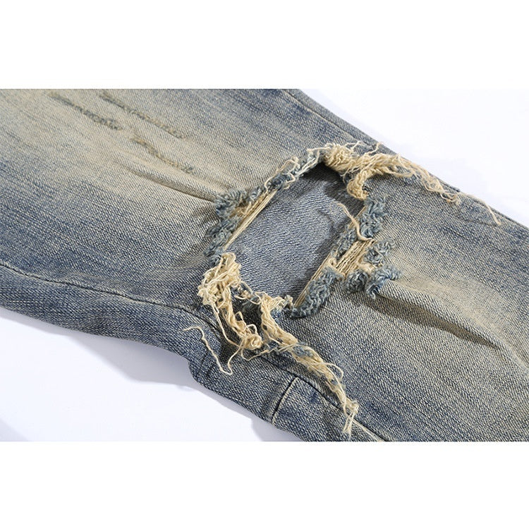 Ripped Washed Elastic Mid-waist Denim Trousers Ripped Washed Elastic Mid-waist Denim Trousers
