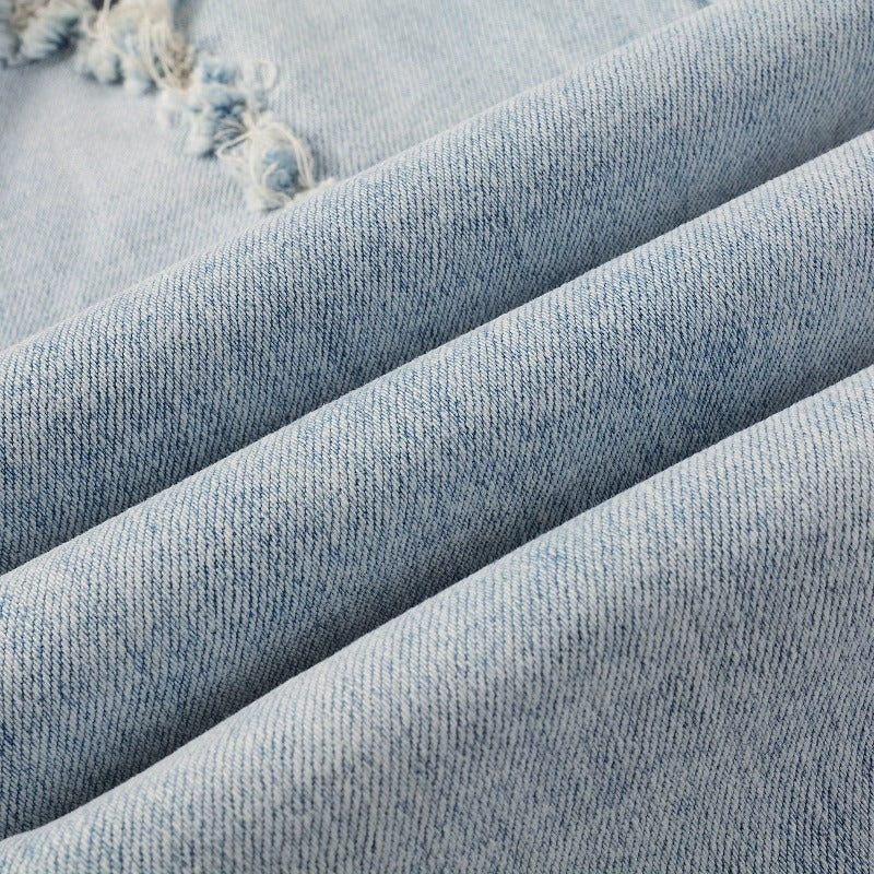 Light Colored Hot Diamond Patch With Holes In Elastic Tight Jeans For Men Light Colored Hot Diamond Patch With Holes In Elastic Tight Jeans For Men