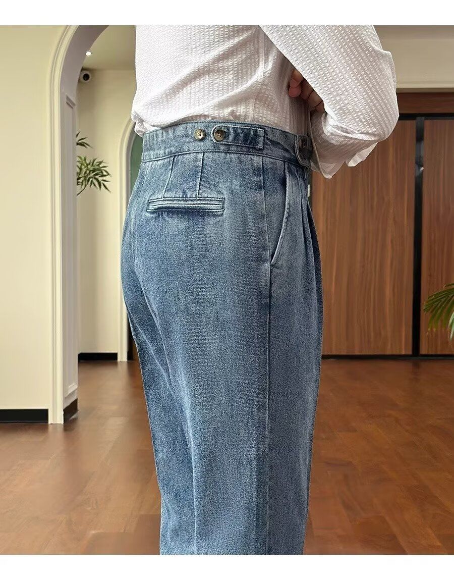 British High Waist Men's Italian Business Denim Curling Suit Pants British High Waist Men's Italian Business Denim Curling Suit Pants