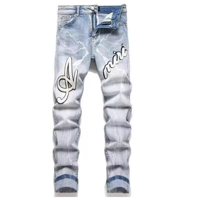 Punk Retro Blue Ripped Slim Elastic Printing Printing And Dyeing Feet Men's Jeans Punk Retro Blue Ripped Slim Elastic Printing Printing And Dyeing Feet Men's Jeans