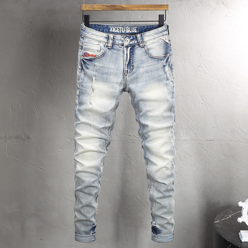 Washed Distressed Pocket Embroidery Personality Worn Slim Trousers Washed Distressed Pocket Embroidery Personality Worn Slim Trousers