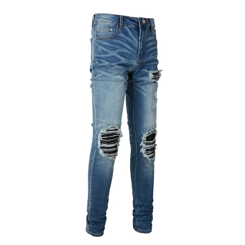 Leather Patching, Slimming, Worn-out Washed Jeans For Men Leather Patching, Slimming, Worn-out Washed Jeans For Men