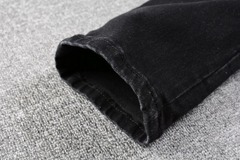 Black Cashew Flower Printed Patch Torn Jeans For Men Black Cashew Flower Printed Patch Torn Jeans For Men