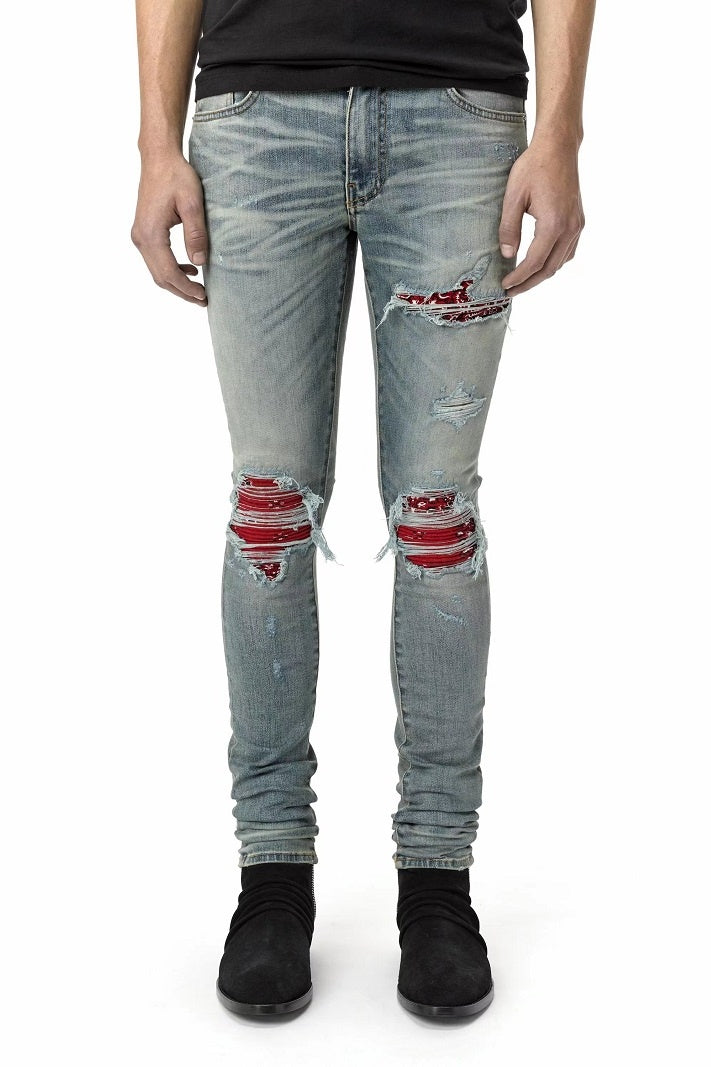 Red Printed Pleated Elastic Light Colored Jeans For Men Red Printed Pleated Elastic Light Colored Jeans For Men