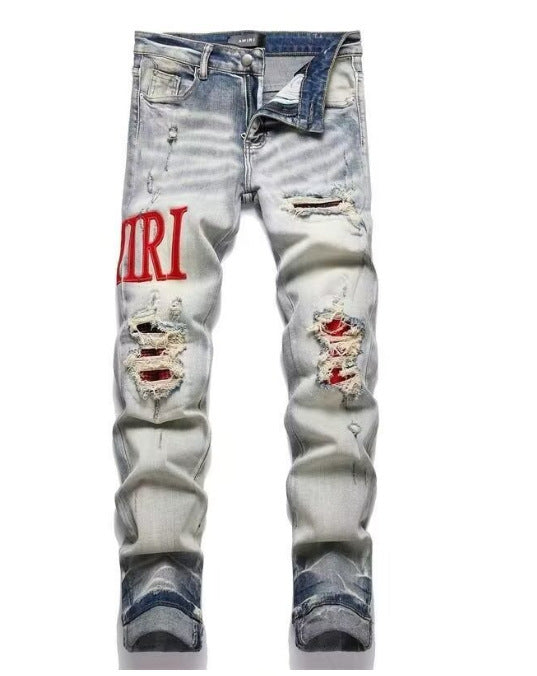 Punk Retro Blue Ripped Slim Elastic Printing Printing And Dyeing Feet Men's Jeans Punk Retro Blue Ripped Slim Elastic Printing Printing And Dyeing Feet Men's Jeans