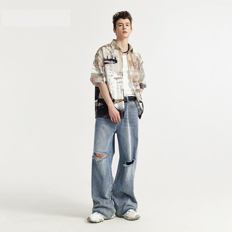 Retro Style Personality Men's Wear Ripped Washed Wide-leg Jeans Retro Style Personality Men's Wear Ripped Washed Wide-leg Jeans