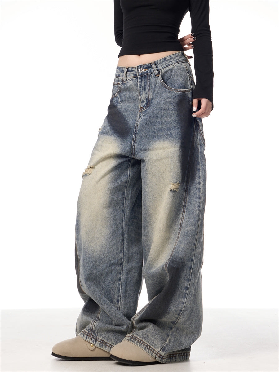 Splash Ink Ripped Machete Jeans For Women Loose-fitting Wide-leg Trousers Splash Ink Ripped Machete Jeans For Women Loose-fitting Wide-leg Trousers