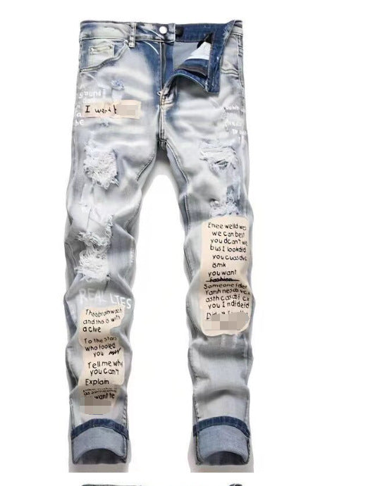 Punk Retro Blue Ripped Slim Elastic Printing Printing And Dyeing Feet Men's Jeans Punk Retro Blue Ripped Slim Elastic Printing Printing And Dyeing Feet Men's Jeans