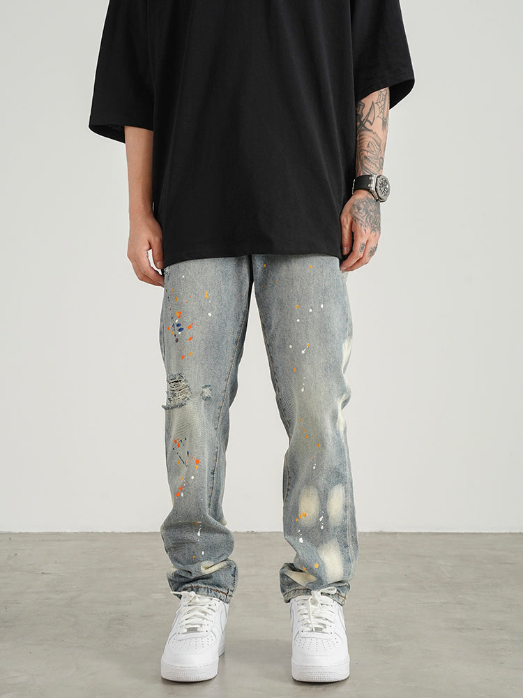 Knife Cut Ink Paint Straight Loose Jeans Men Knife Cut Ink Paint Straight Loose Jeans Men