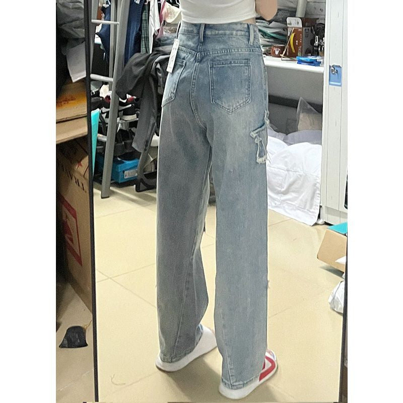 Blue XINGX Embroidered Jeans Women Loose Straight-leg Wide-leg Pants Blue XINGX Embroidered Jeans Women Loose Straight-leg Wide-leg Pants
