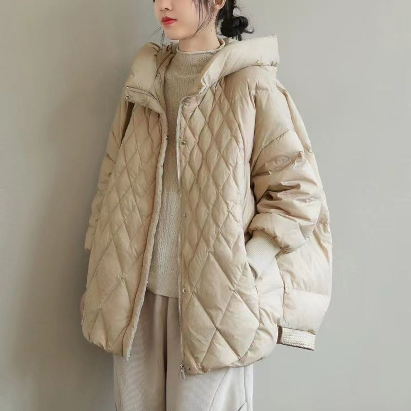 Diamond Lattice Artistic Loose White Duck Down Jacket Diamond Lattice Artistic Loose White Duck Down Jacket