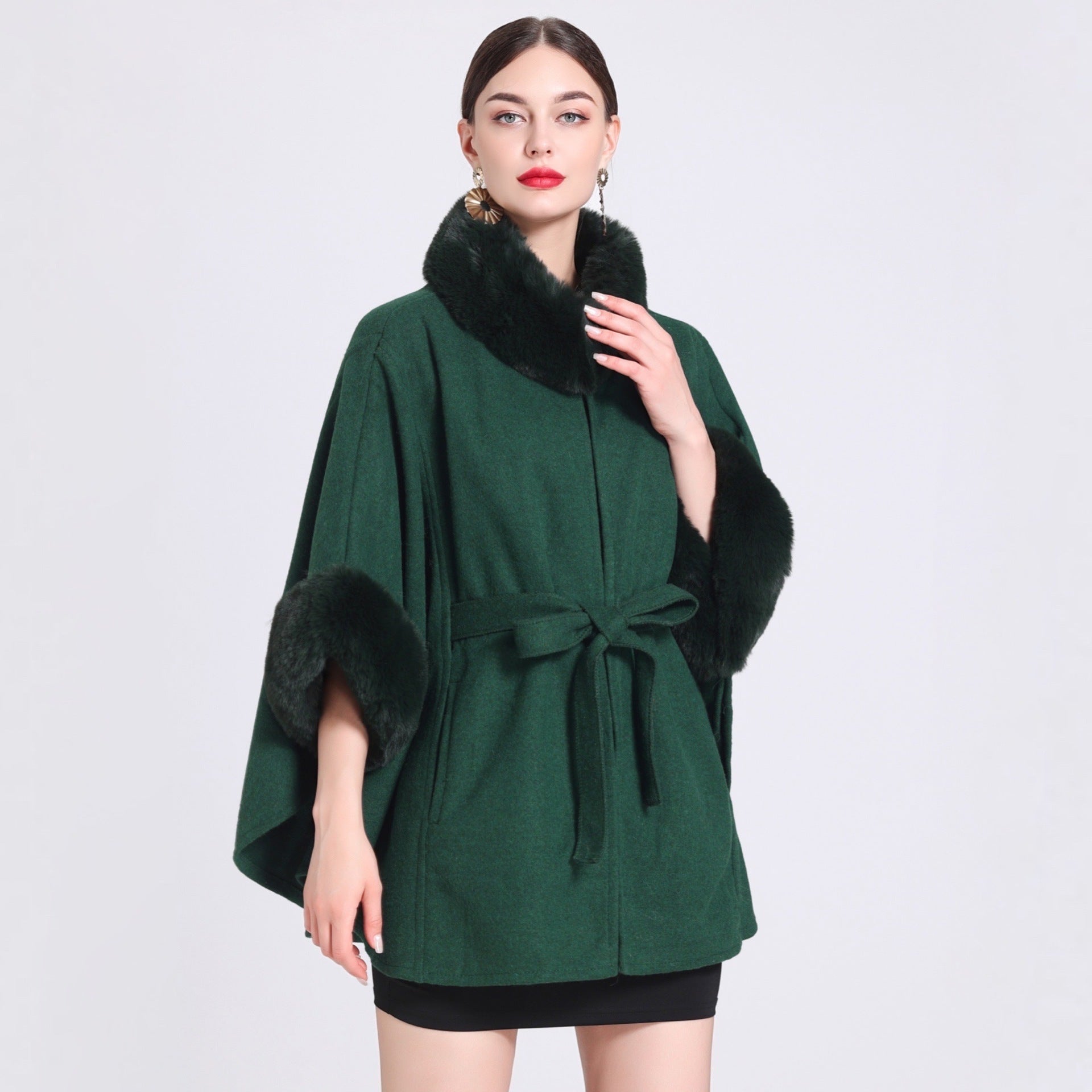 Rabbit Fur Collar Knitted Shawl Cape Lace-up Woolen Coat Rabbit Fur Collar Knitted Shawl Cape Lace-up Woolen Coat