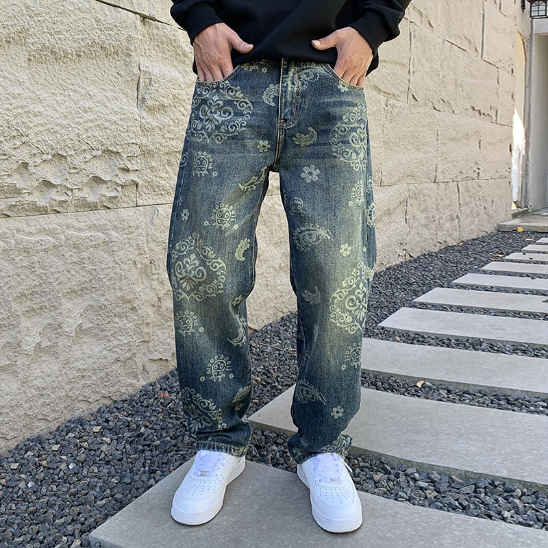 Vintage Jeans Men's Fashion Printed Loose Casual Straight Trousers Vintage Jeans Men's Fashion Printed Loose Casual Straight Trousers