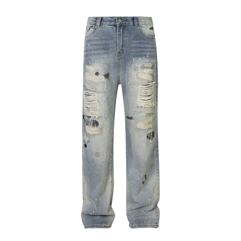Punk Street Fashion Paint Splash Loose Distressed Beggar Straight-leg Trousers Men And Women Punk Street Fashion Paint Splash Loose Distressed Beggar Straight-leg Trousers Men And Women