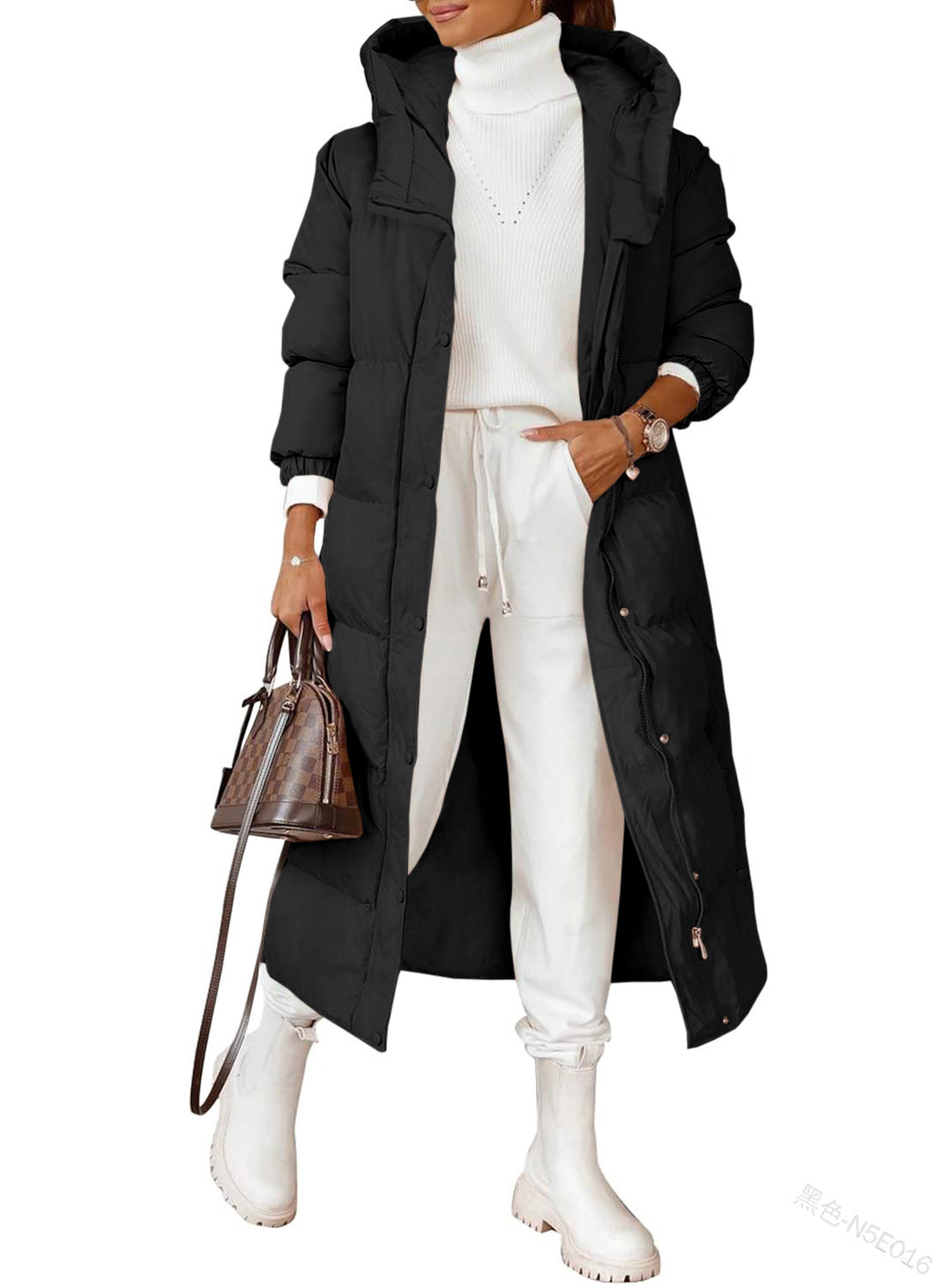 Solid Color Hooded Long Elegant Cotton-padded Coat Fashion Long-sleeve Zipper Pocket Women's Coat Solid Color Hooded Long Elegant Cotton-padded Coat Fashion Long-sleeve Zipper Pocket Women's Coat