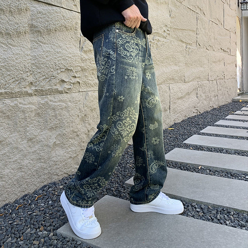 Vintage Jeans Men's Fashion Printed Loose Casual Straight Trousers Vintage Jeans Men's Fashion Printed Loose Casual Straight Trousers
