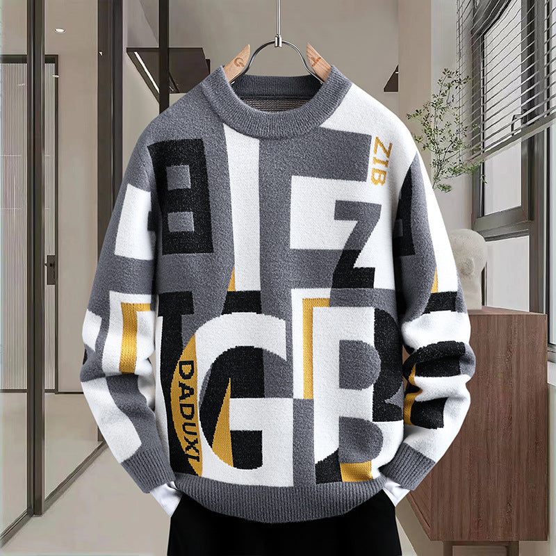 Men's Letter Jacquard Round Neck Loose Casual Sweater Men's Letter Jacquard Round Neck Loose Casual Sweater