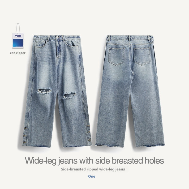 Retro Style Personality Men's Wear Ripped Washed Wide-leg Jeans Retro Style Personality Men's Wear Ripped Washed Wide-leg Jeans