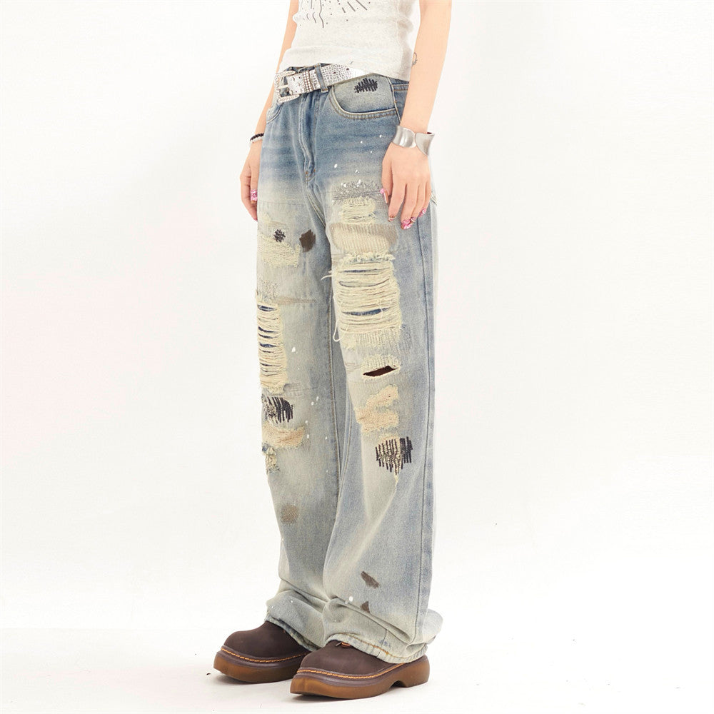 Punk Street Fashion Paint Splash Loose Distressed Beggar Straight-leg Trousers Men And Women Punk Street Fashion Paint Splash Loose Distressed Beggar Straight-leg Trousers Men And Women