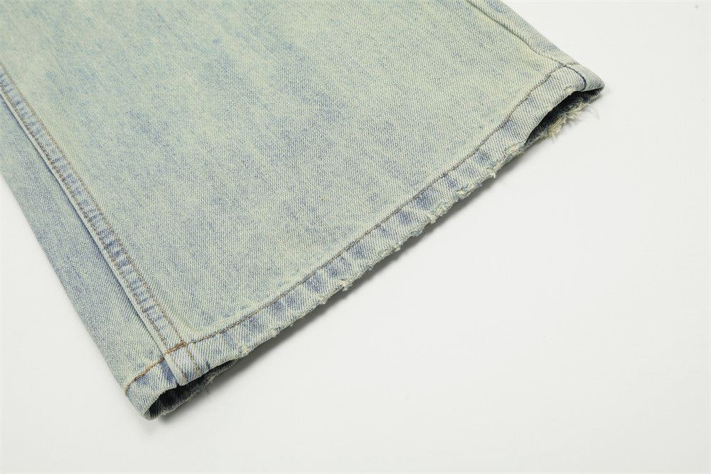 Punk Distressed Yellow Mud Dyed Straight Jeans Men Punk Distressed Yellow Mud Dyed Straight Jeans Men